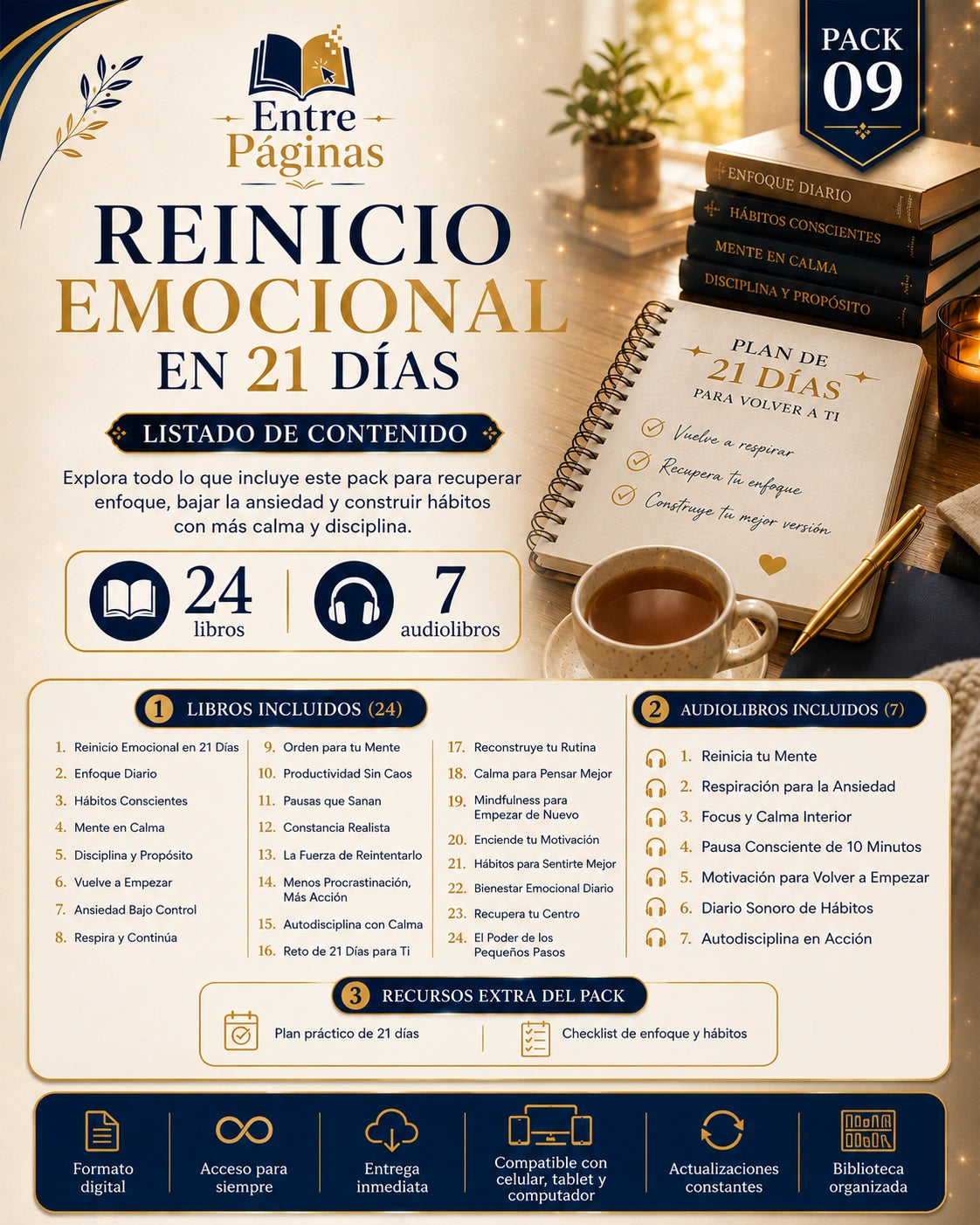 09.  Reinicio emocional en 21 días - 24 libros, 7 audios y una lectura o ejercicio diario durante 21 días.