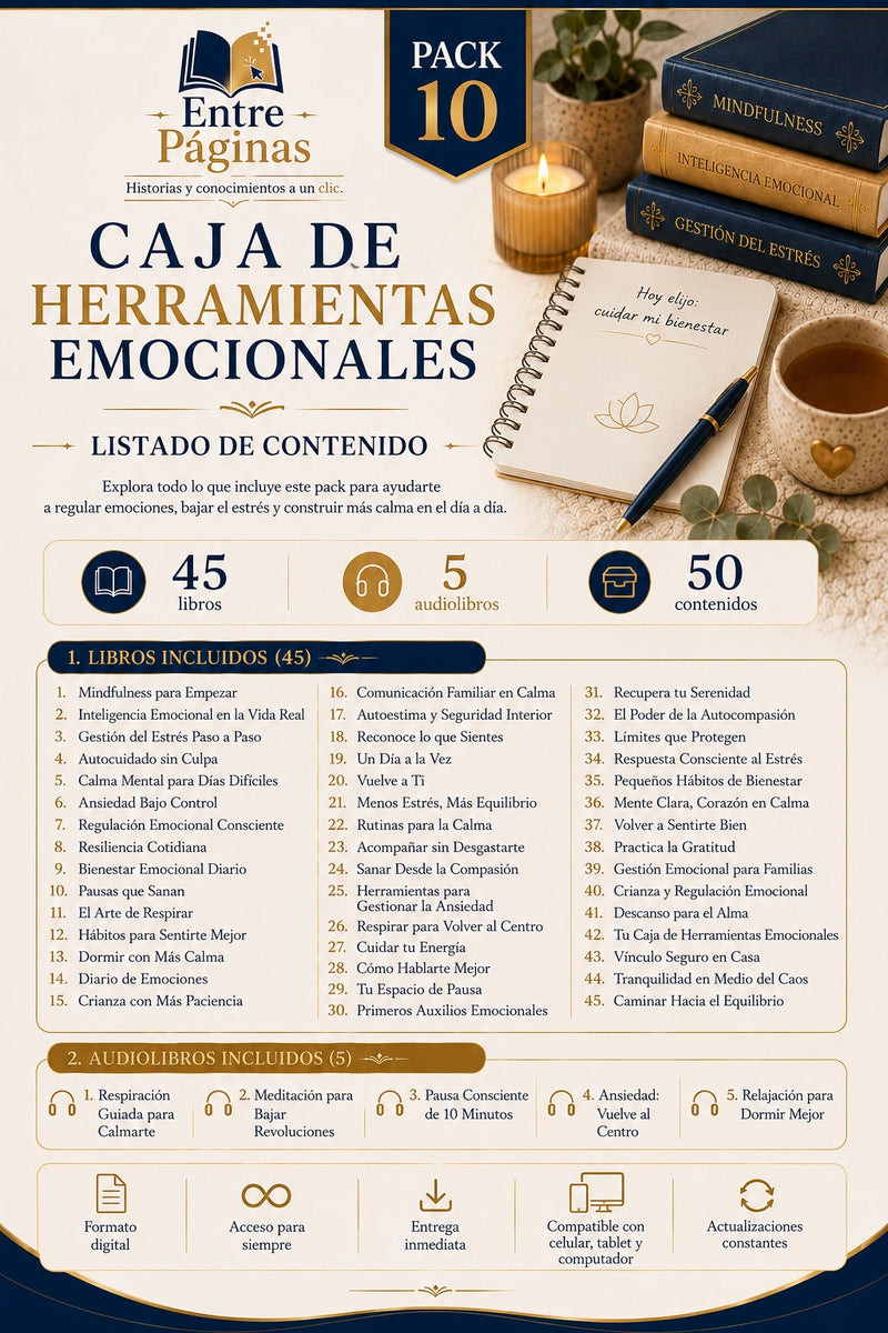 10. Caja de herramientas emocionales - recurso permanente para el hogar  35 libros para adultos, 10 infantiles.
