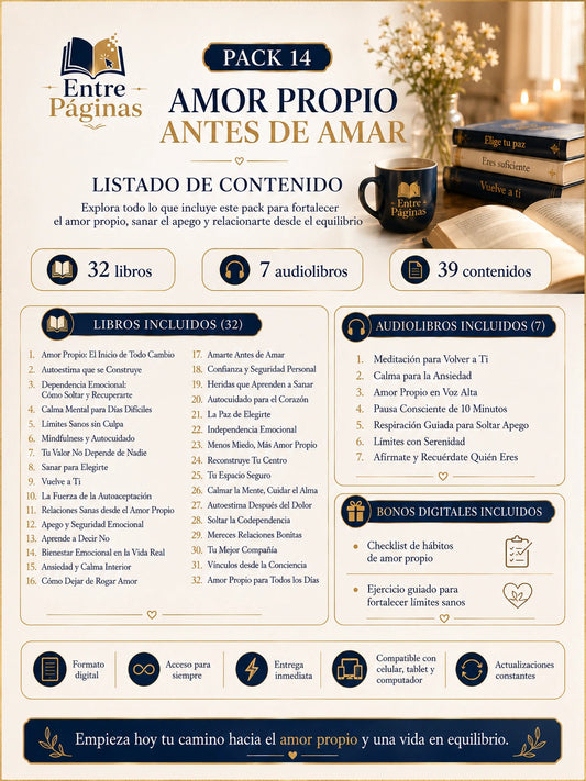 14. Amor propio antes de amar - 32 libros, 7 audios y el cuaderno “Volver a elegirte”.
